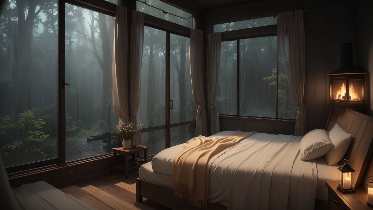 There is a bed in the room,There is a fireplace in the corner, Photorealistic rendering with Unreal Engine, Cozy tree house bedroom, The forest can be seen through the large windows at night, In the bedroom, Rainy Days Indoors, Inside the cabin, Comfortable room, Bedroom lights dim, cozy place, comfortable and calm, Render Unreal Engine, vray 8k rendering