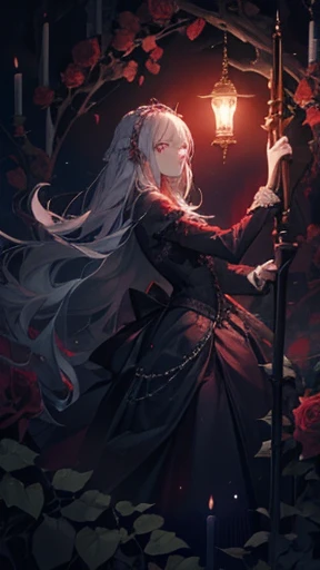 Princess, red lamp, haunting, mysterious, imprisoned, axe, chains, bioluminescent path, briar, roses, thorns, bushes, sacrifice