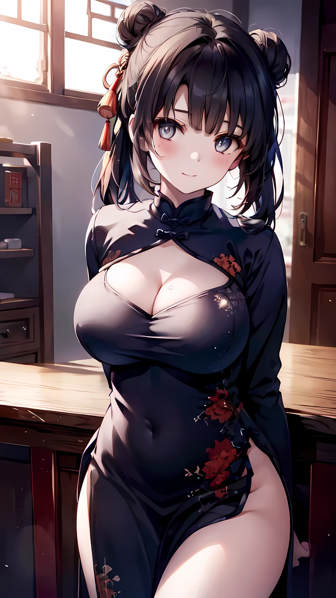 (nsfw:1.3), ((masterpiece, sidelighting, finely detailed beautiful eyes: 1.2)), ultra-detailed, ultra high res, professional lighting, high quality makeup, beautiful detailed eyes, sexy, beautiful, big eyes, drooping eye,(1 girl:1.3), (high school student:1.2), (middle breasts:1.2), (china dress:1.6), blush cheek, blush body, moist eyes, (black hair), absurdly long hair, twintails, double bun, Extremely cute, (extremely detailed beautiful face), Authentic skin texture, beautiful hair, beautiful face, beautiful eyes, beautiful body, beautiful hands, (smile), standing, (face focus, cleavage breasts:1.6)
