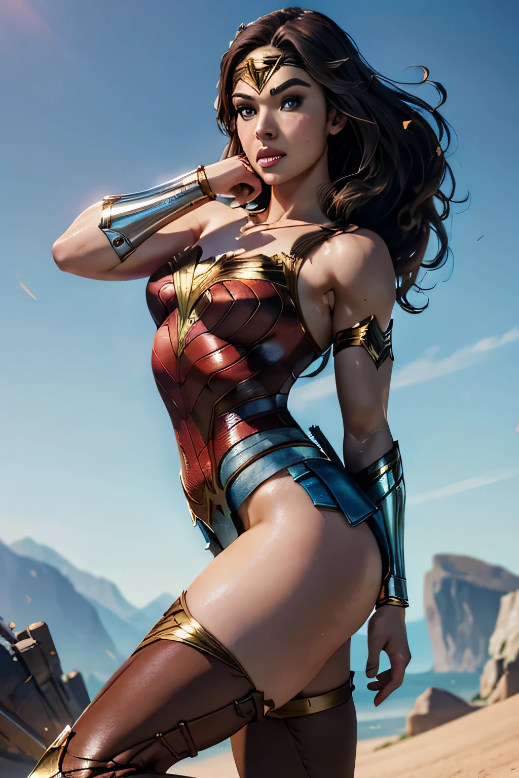 PhotoRealistic Art Style Best Qualit:1.3, Natural Beauty, Masterpiece, Full Body View Visible, Hailee Steinfeld, Perfectly Accurate Face Proportion,Realistic Light Hazel Brown Eyes, Thick Eyebrows, Brown hair, slim toned Thighs, tight ass, perky round breast , slim athletic body type, perfect body type, wonder woman, Poised for Action: In a slightly bent-knee stance, the tight suit accentuates Wonder Woman's buttocks and the curve of her lower back. Her readiness for action is highlighted by the form-fitting fabric clinging to her powerful frame.