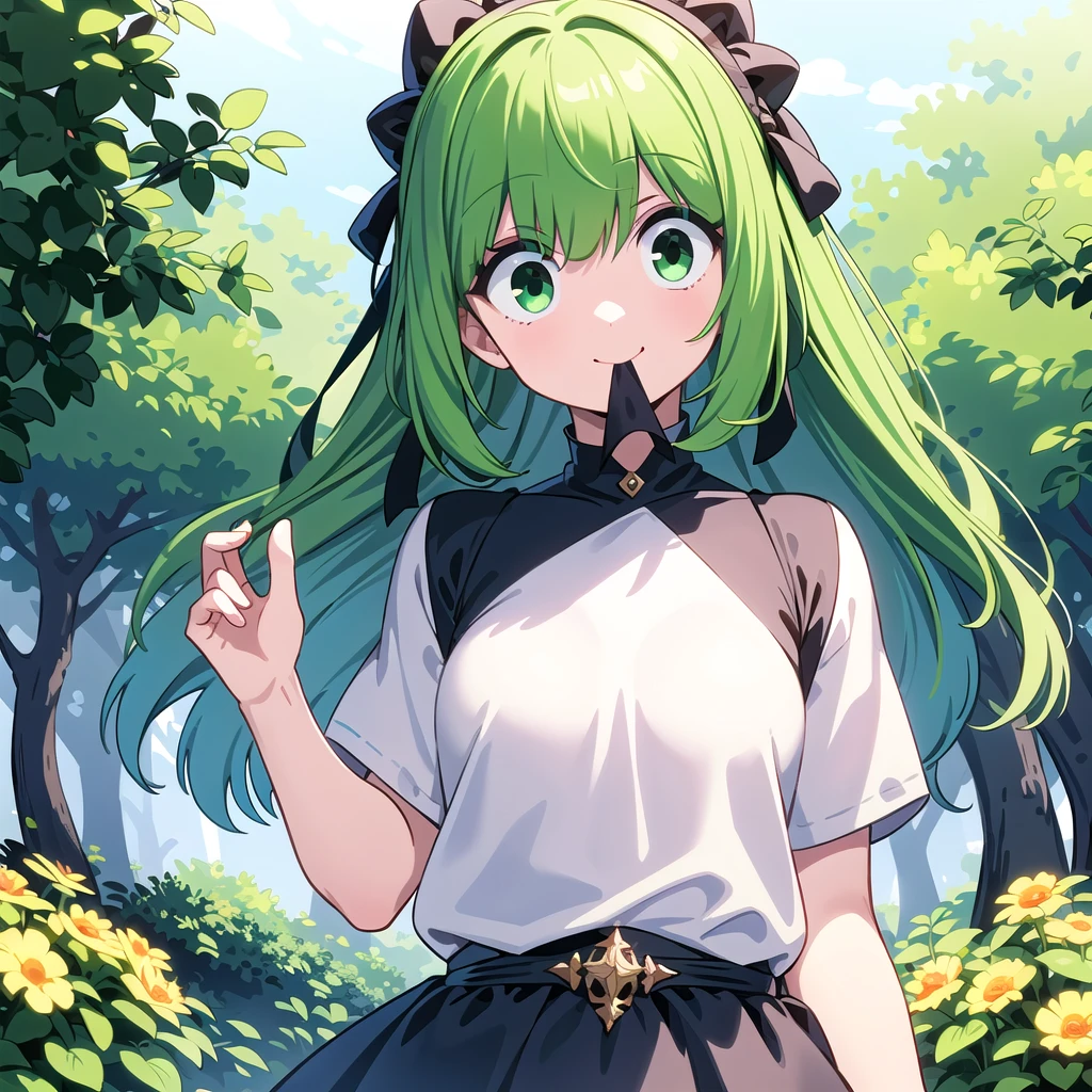 One girl, (:1.4), smile, Mouth closed, Upper Body, Are standing, , Green Hair, 