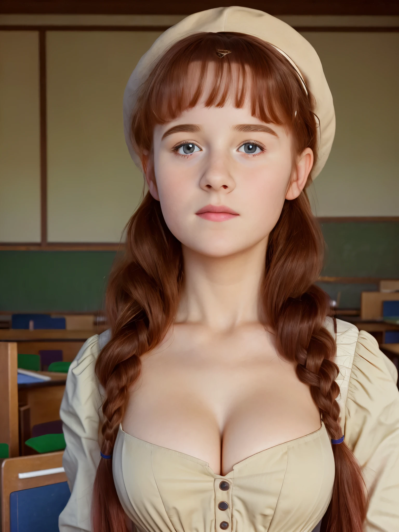 (best quality,4k,8k,highres,masterpiece:1.2),ultra-detailed,(realistic,photorealistic,photo-realistic:1.37), ((mittelalter, classroom, a young girl, she wears dress, solo, shy)), ((very large bust size for her young age)), she wears beret, she wears no bra, braided red hair, pale skin