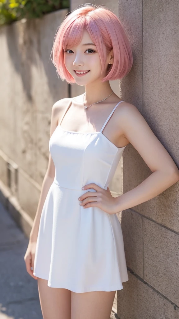 masterpiece, 最high quality, 18 year old girl,Pink Hair ,short hair,alone, ,Facing forward,smile,Smile,high quality,White Mini Dress
