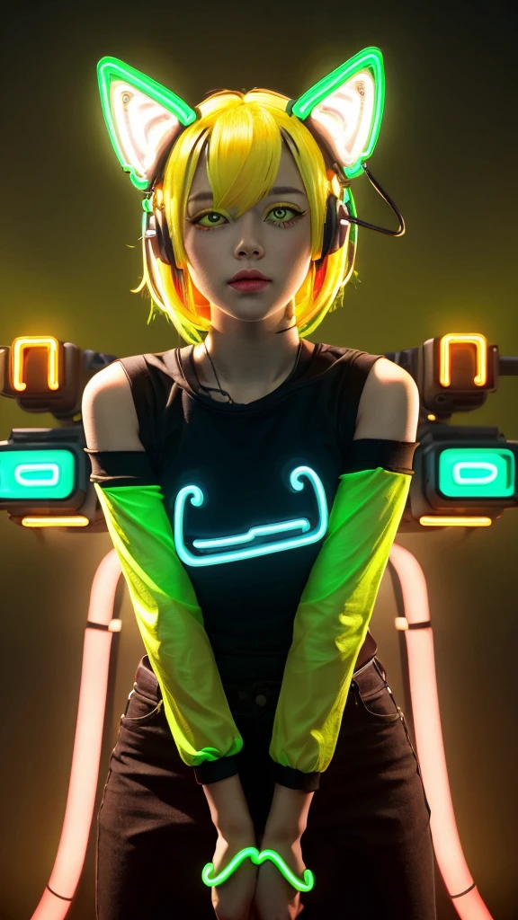 masterpiece, highest quality, 4K, Photorealistic, bokeh, enlightenment,1 perfect portrait of a girl, (A fascinating eye for perfect detail:1.2), colorful hair, (gradient hair), (neon yellow hair:1.6), (Cat ear:1.2), fantasy background, (exposed bare shoulders), (long-term alienation_sleeve), (lean forward a little), head tilt, movie lighting, oversized clothes, (seductive pose:1.4), (neon yellow background:1.6)