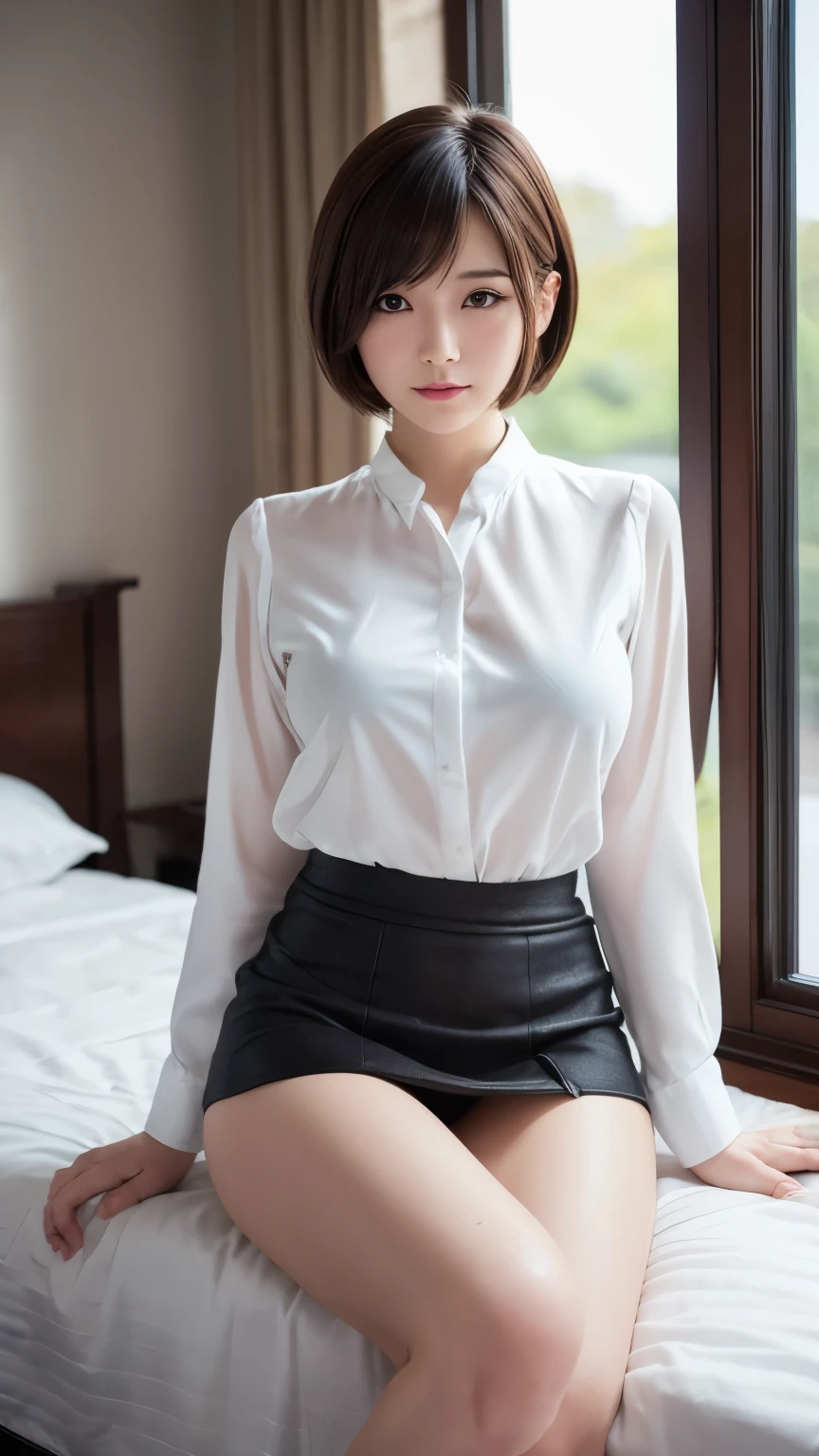 Japanese girl, Tabletop, highest quality, figure, Super detailed, In detail, High resolution, 8k wallpaper, Perfect dynamic composition, Beautiful fine details, Women's fashion,Very short hair,Natural color lip, Bold sexy pose,20-year-old girl、cute、sexy shot looking at camera、blouse、mini skirt、In the bedroom by the window, Straddle a man、Underbust