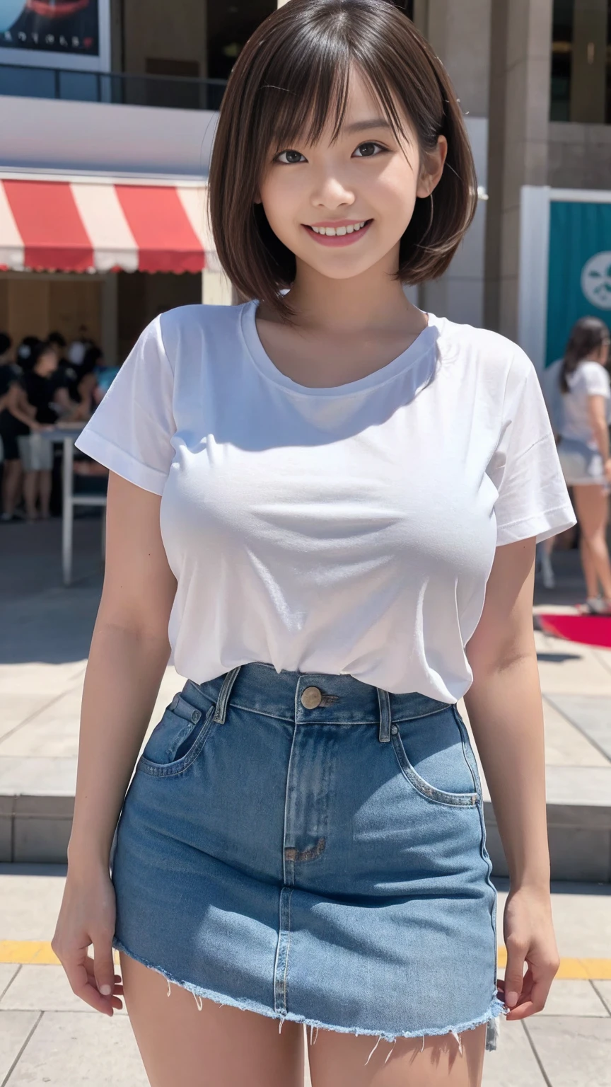 8k,((highest quality)),Very detailed,((masterpiece)),Realistic, masterpiece, highest quality, (Reality: 1.4), オリジナルphotograph, 35mm lens, Aperture f1.4, Movie Posters, Light and shadow,((Big Tits 1.1)),girl,Real Skin, (Skin Details: 1.3),Corrects your fingers into a beautiful shape,Two beautiful arms,Real fingers with attention to detail,High quality skin,photograph,short hair,((Shopping mall)),Eating soft serve ice cream,Age 25,((Big, wide eyes)),Voluptuous body,((Full Body Shot:1.3)),Ultra-high resolution,((Realistic: 1.4)), RAWphotograph,Beautiful colors,Backlight,Bright lighting,(Bright smile:1.5),One Woman,((T-Shirts)),skirt,snap shot,Portrait,