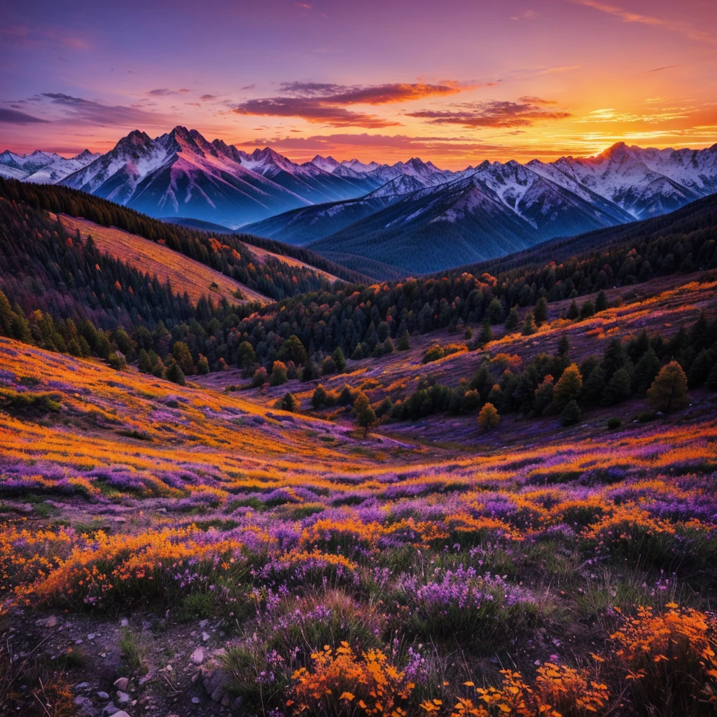 Beautiful scenery in the mountains, with orange and purple clouds at sunset, mesmerizing and magical.