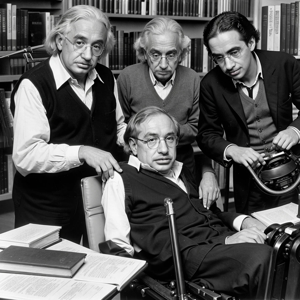 Stephen Hawking, Galelio and Albert Einstein in library writing research paper in classic style 
