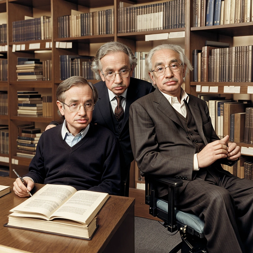 Stephen Hawking, Galelio and Albert Einstein in library writing research paper in classic style 