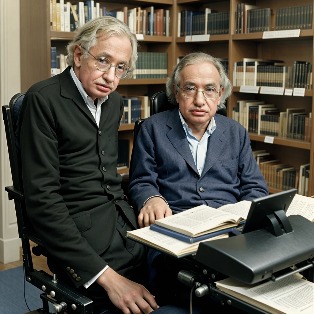 Stephen Hawking, Galelio and Albert Einstein in library writing research paper in classic style
