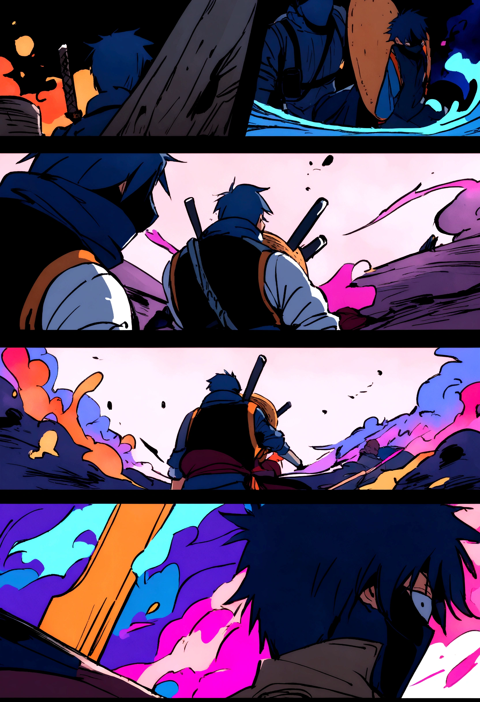 Luffy wearing straw hat and wearing kakashi black mask and caring sword in his back and having Sharingan