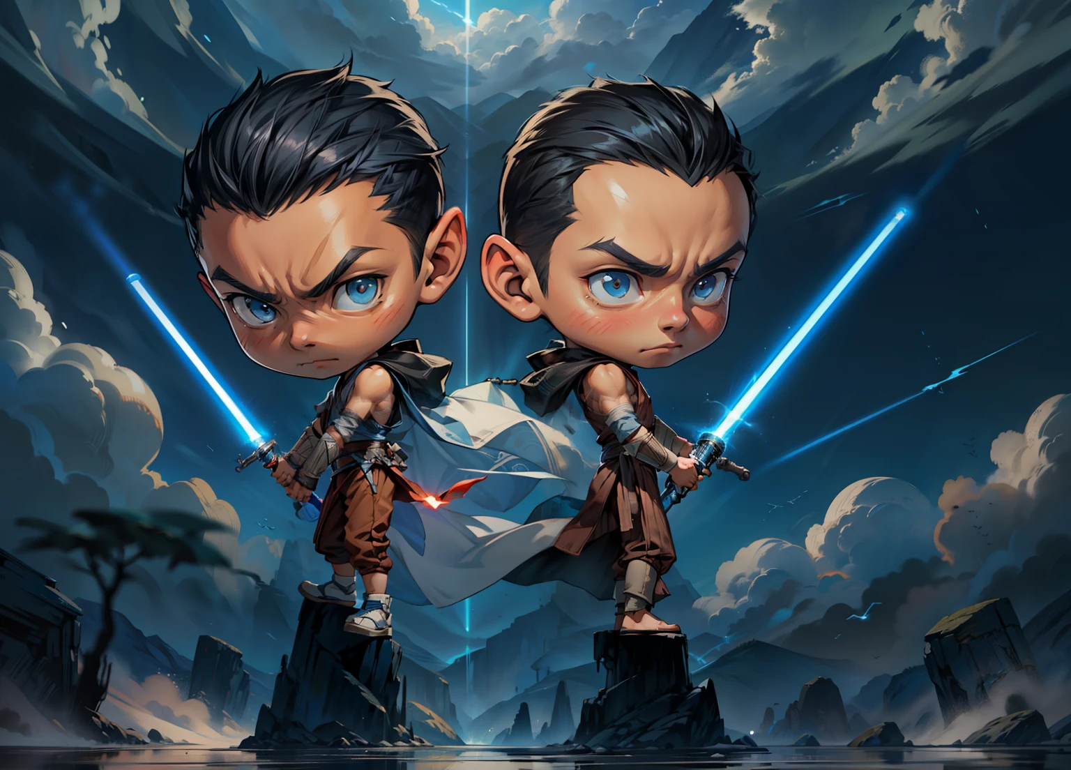 1boy, Two young jedi, Chibi, Serious face, black hair, muscular, ((jedi outfit)), holding blue light saber, blue sky, cloud