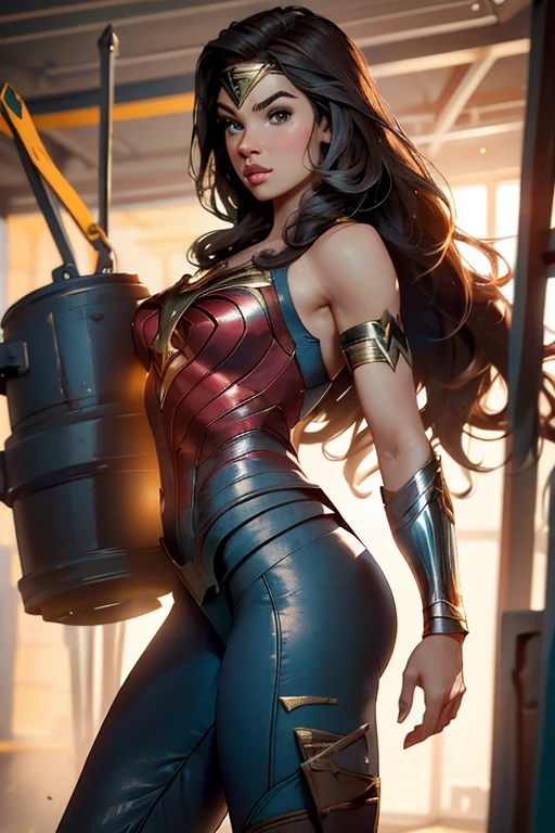 PhotoRealistic Art Style Best Qualit:1.3, Natural Beauty, Masterpiece, Full Body View Visible, Hailee Steinfeld, Perfectly Accurate Face Proportion,Realistic Light Hazel Brown Eyes, Thick Eyebrows, Brown hair, slim toned Thighs, tight ass, perky round breast , slim athletic body type, perfect body type, wonder woman, Poised for Action: In a slightly bent-knee stance, the tight suit accentuates Wonder Woman's buttocks and the curve of her lower back. Her readiness for action is highlighted by the form-fitting fabric clinging to her powerful frame.