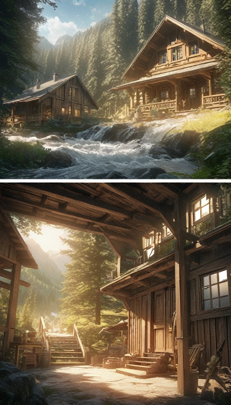2D images,Comic style,Makoto Shinkai animation style,Makoto Shinkai animation movie art style,A chalet,Woodshed in the forest,Imagine,Ultra-fine,Super detailed,high quality,8K ,oc rendering,Dynamic perspective,Super real,Super realistic