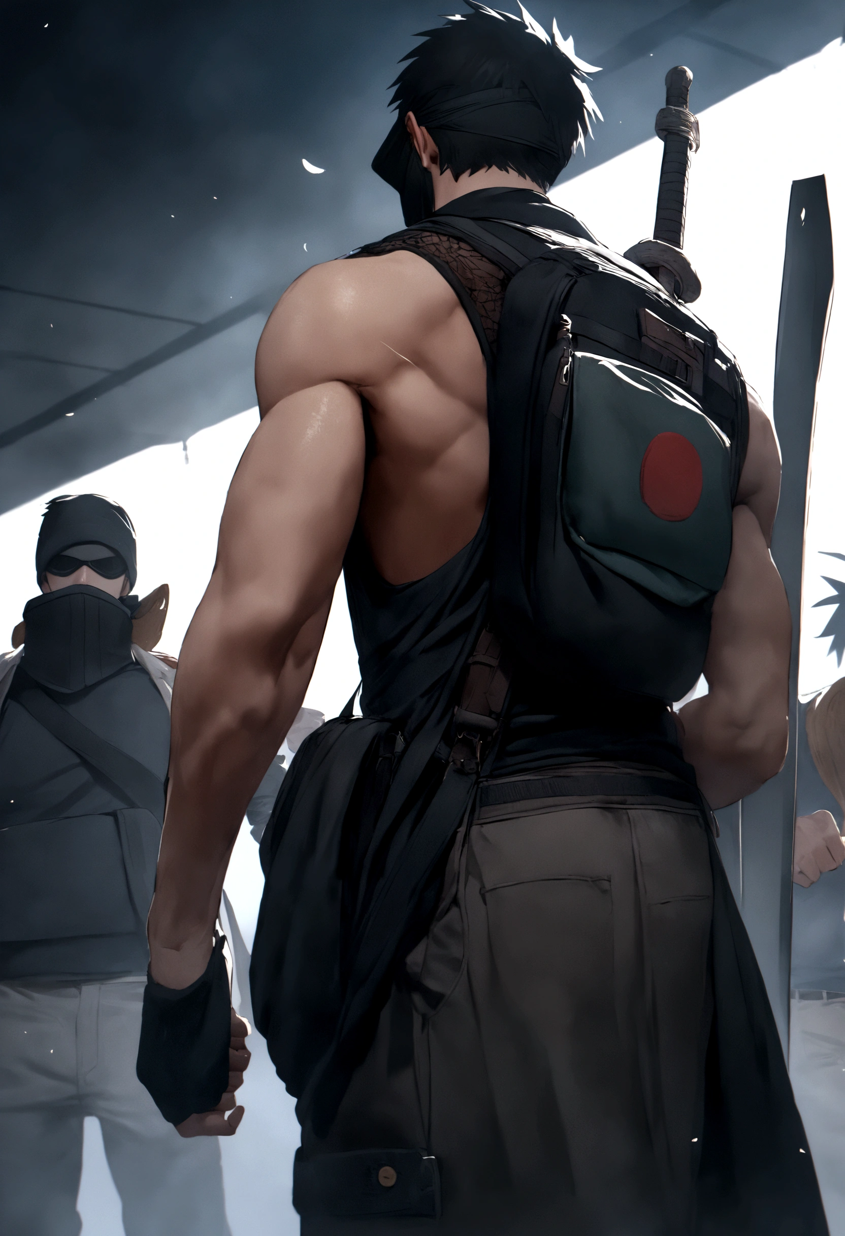 Luffy wearing straw hat and wearing kakashi black mask and caring sword in his back and having Sharingan