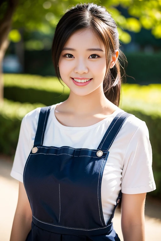 a gorgeous lady, age 22, in a Classic Pinafore Dress with Blouse, standing under night sky, dimpled smile, short ponytail, in a natural pose, photorealistic, beautiful detailed eyes, ample round bosom, hyper-realism, high contrast, ultra HD, realistic skin textures, top image quality, top-quality, super high resolution, fine details, very meticulously, bokeh background