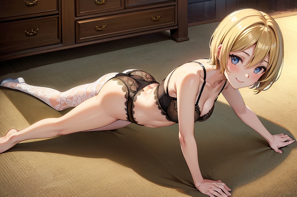 masterpiece, best quality, ultra detailed, ultra high resolution, very detailed face, solo, anime, 20 years old girl, slim, (((lace underwear))), (((crawl on all fours))), ((golden short hair)), medium breast, little smile, in the room