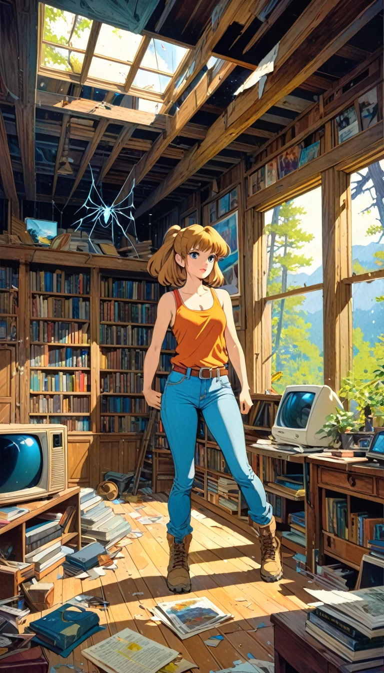 pretty girl, explorer, exploring a large library room in an abandoned house, jeans and tank top, hiking boots, everything old and full of dust and cobwebs, 80s, tv, large library, lots of details,(art inspired in Bill Sienkiewicz, Ghibli colors). oil painting)
