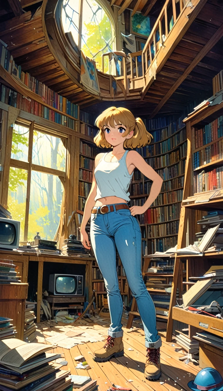 pretty girl, explorer, exploring a large library room in an abandoned house, jeans and tank top, hiking boots, everything old and full of dust and cobwebs, 80s, tv, large library, lots of details,(art inspired in Bill Sienkiewicz, Ghibli colors). oil painting)