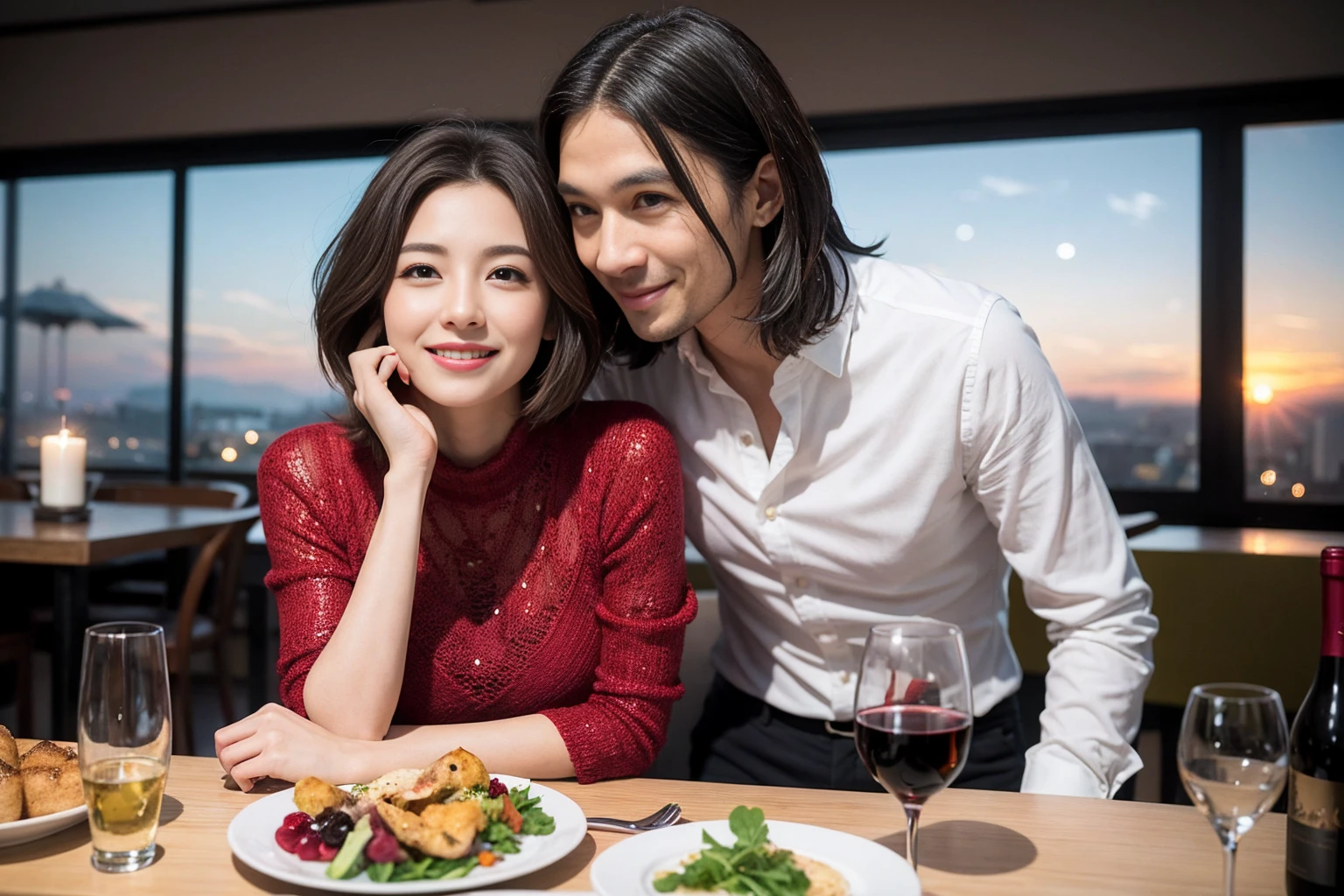 ((highest quality、8k、masterpiece:1.3))、 (Genuineistic, Genuine、Bright image、Intricate details:1.2), 最高のsmile 男性1人 女性1人、Beautiful Couple、spouse、Couple、spouse、actress、モデルCouple、smile、full-course dinner、 (Slim face), (the body is slim), (Brown Hair), (short hair), テーブルの上のwine glass、Please shine a light on my face、 Amazing view of the sunset sky and clouds、 (Age 35), 39 years old, red wine 、Appetizers、Wine bottle、sparkling wine、Long sleeve shirt、dress、White wine, red wine, wine glass,