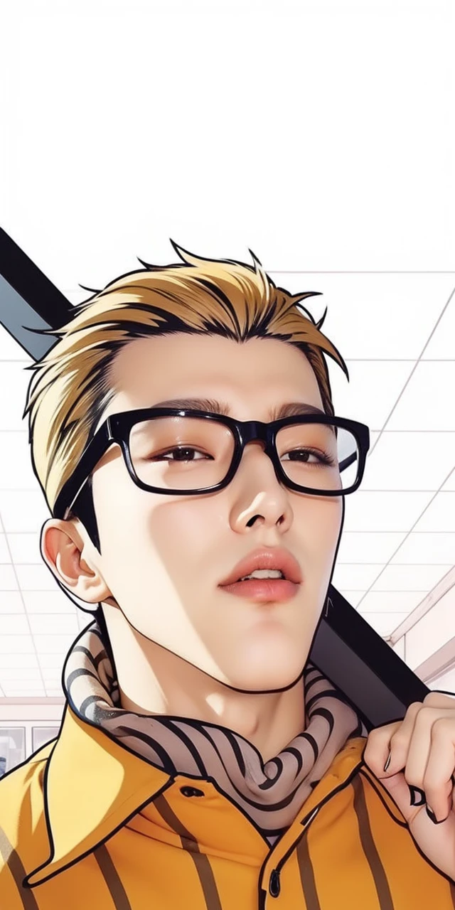 Realistic ultra-detailed depiction of Goo Kim, asian boy from the webtoon Lookism. He has blonde hair. Use a 70mm lens for a stunning portrayal.