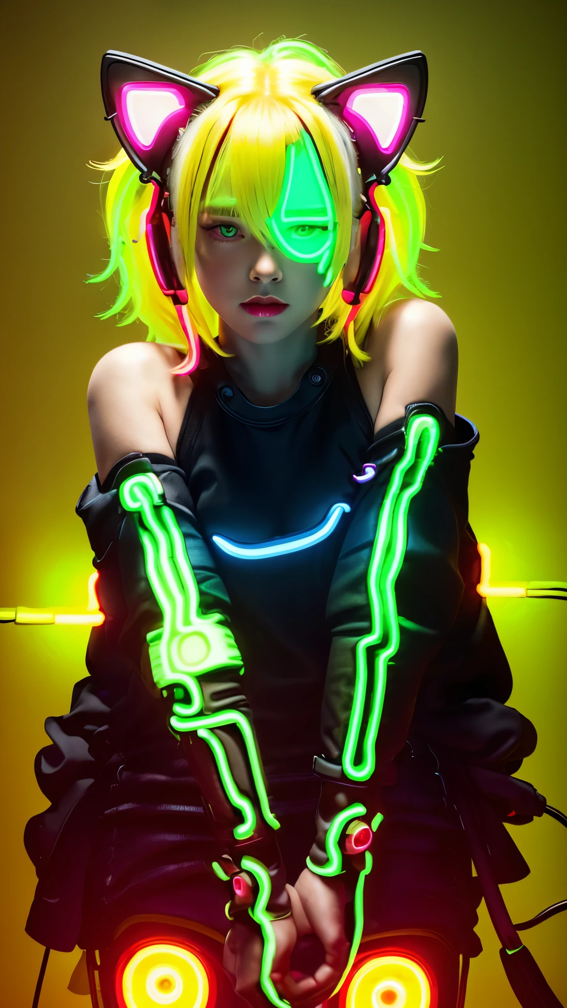 masterpiece, highest quality, 4K, Photorealistic, bokeh, enlightenment,1 perfect portrait of a girl, (A fascinating eye for perfect detail:1.2), colorful hair, (gradient hair), (neon yellow hair:1.6), (Cat ear:1.2), fantasy background, (exposed bare shoulders), (long-term alienation_sleeve), (lean forward a little), head tilt, movie lighting, oversized clothes, (seductive pose:1.4), (neon yellow background:1.6)