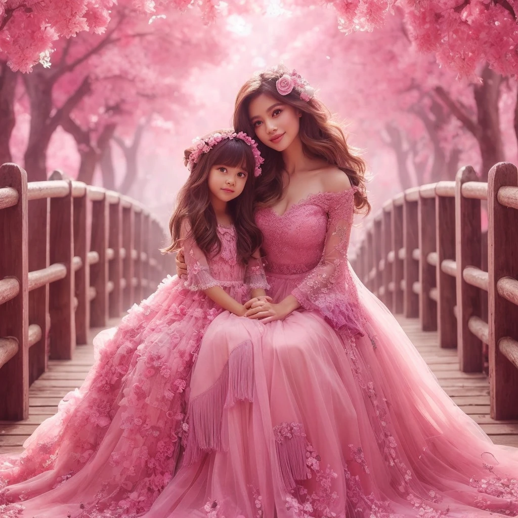 very beautiful Indonesian mother and daughter brown hair in soft pink dresses, pastel colors on the bridge, in a fresh green realistic forest, wearing soft pink dresses, pastel colors, tassels and ribbon ruffles, fantasy dresses, wearing soft pink dresses, pastel colors , soft party dress, pastel colors, soft pink romantic tutu, pastel colors, magic dress, soft pink dress, pastel colors, in a long dress in soft pink pastel colors or purple, wearing a beautiful dress, soft pink tutu in pastel colors, wearing a romantic tutu soft pastel pink