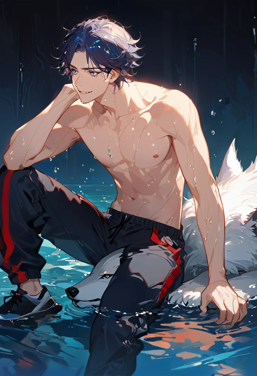 solo, ((male with short dark blue hair with red strip hair and dark blue hair with red gradient), (bare chest), (topless), (muscle), ( jogger pants), (wet), (dripping wet body and hair), (water dripping), (sitting), (one hand rest on the knee), (big white wolf resting on the back)), (bangs), (blue eyes with red gradient), (pale skin), (smirk), ((high quality)), (extremely detailed),8k, 4k, clean line art, detailed line art, resting on the big wolf, white big wolf, simple background, water background, dark background, not bulky, no top clothes, inspired by Asukaziye artist : ask, art style : ask