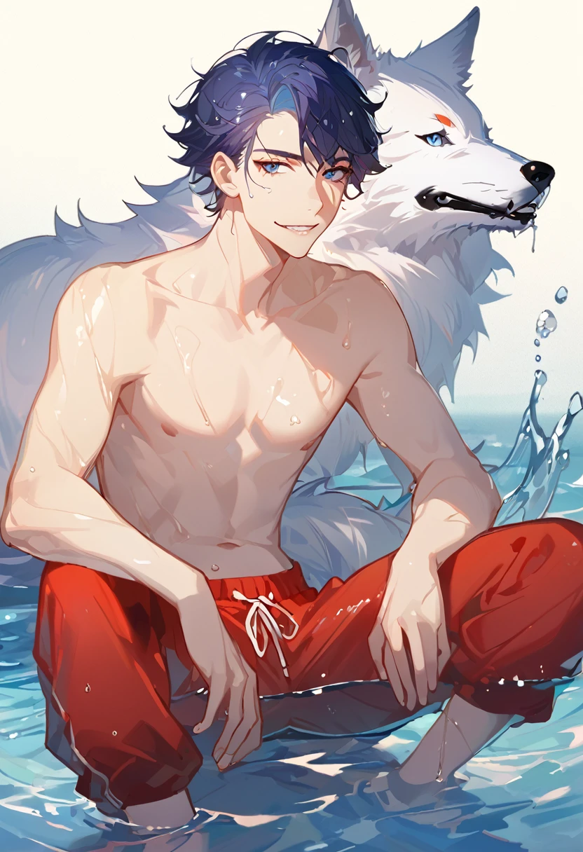 solo, ((male with short dark blue hair with red strip hair and dark blue hair with red gradient), (bare chest), (topless), (muscle), ( jogger pants), (wet), (dripping wet body and hair), (water dripping), (sitting), (one hand rest on the knee), (big white wolf resting on the back)), (bangs), (blue eyes with red gradient), (pale skin), (smirk), ((high quality)), (extremely detailed),8k, 4k, clean line art, detailed line art, resting on the big wolf, white big wolf, simple background, water background, dark background, not bulky, no top clothes, inspired by Asukaziye artist : ask, art style : ask