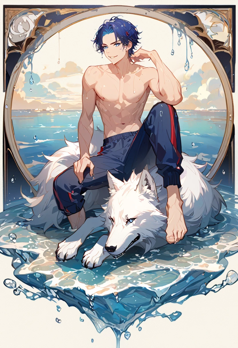 solo, ((male with short dark blue hair with red strip hair and dark blue hair with red gradient), (bare chest), (topless), (muscle), ( jogger pants), (wet), (dripping wet body and hair), (water dripping), (sitting), (one hand rest on the knee), (big white wolf resting on the back)), (bangs), (blue eyes with red gradient), (pale skin), (smirk), ((high quality)), (extremely detailed),8k, 4k, clean line art, detailed line art, resting on the big wolf, white big wolf, simple background, water background, dark background, not bulky, no top clothes, inspired by Asukaziye artist : ask, art style : ask