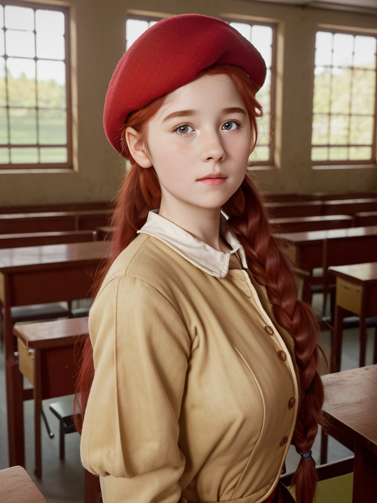 (best quality,4k,8k,highres,masterpiece:1.2),ultra-detailed,(realistic,photorealistic,photo-realistic:1.37), ((classroom, a peasant school girl, she wears beret, solo, shy, braided red hair, pale skin)), ((slim body, very large bust size for her young age))