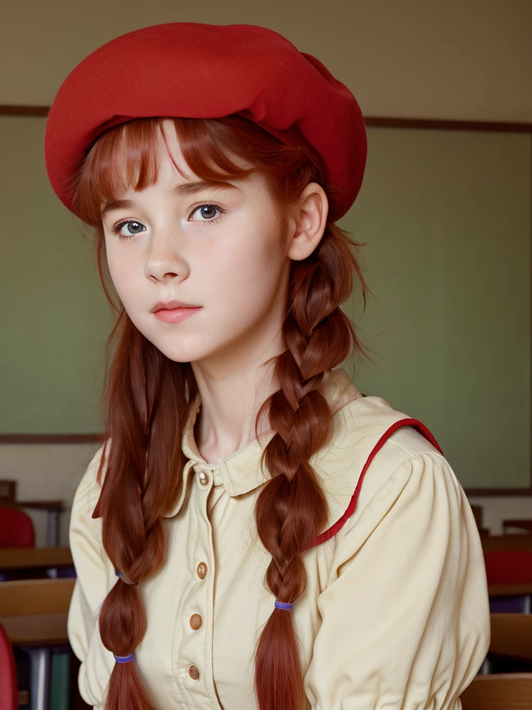 (best quality,4k,8k,highres,masterpiece:1.2),ultra-detailed,(realistic,photorealistic,photo-realistic:1.37), ((classroom, a peasant school girl, she wears beret, solo, shy, braided red hair, pale skin)), ((slim body, very large bust size for her young age))