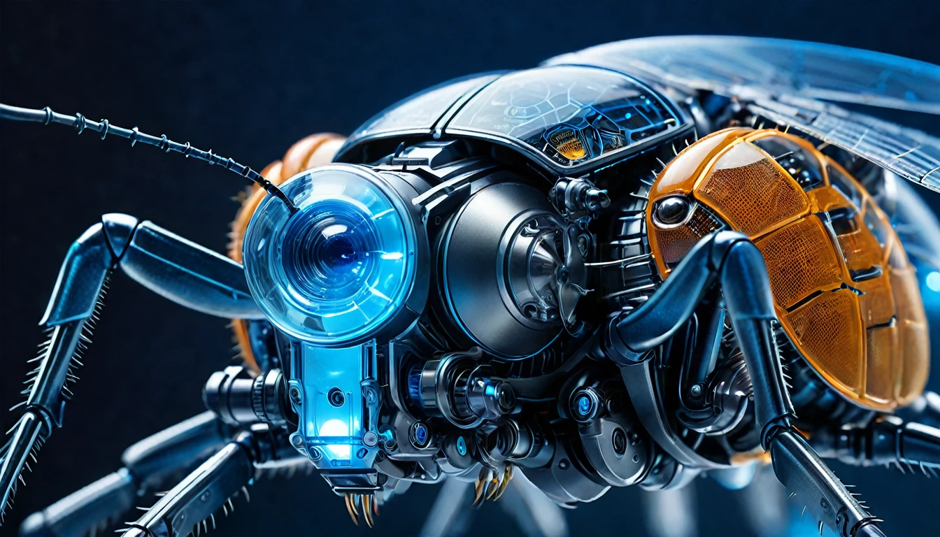 The future of macro photography for insects, Demonstrate complex mechanical parts,With glowing blue decoration, Composition of the whole body, High-tech schematic background, Under soft studio lighting, Photographed from top to bottom, On a Canon EOS 5D Mark IV with a 100mm macro lens, syd mead style.panoramic
