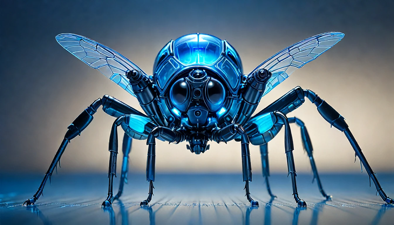 The future of macro photography for insects, Demonstrate complex mechanical parts,With glowing blue decoration, Composition of the whole body, High-tech schematic background, Under soft studio lighting, Photographed from top to bottom, On a Canon EOS 5D Mark IV with a 100mm macro lens, syd mead style.panoramic
