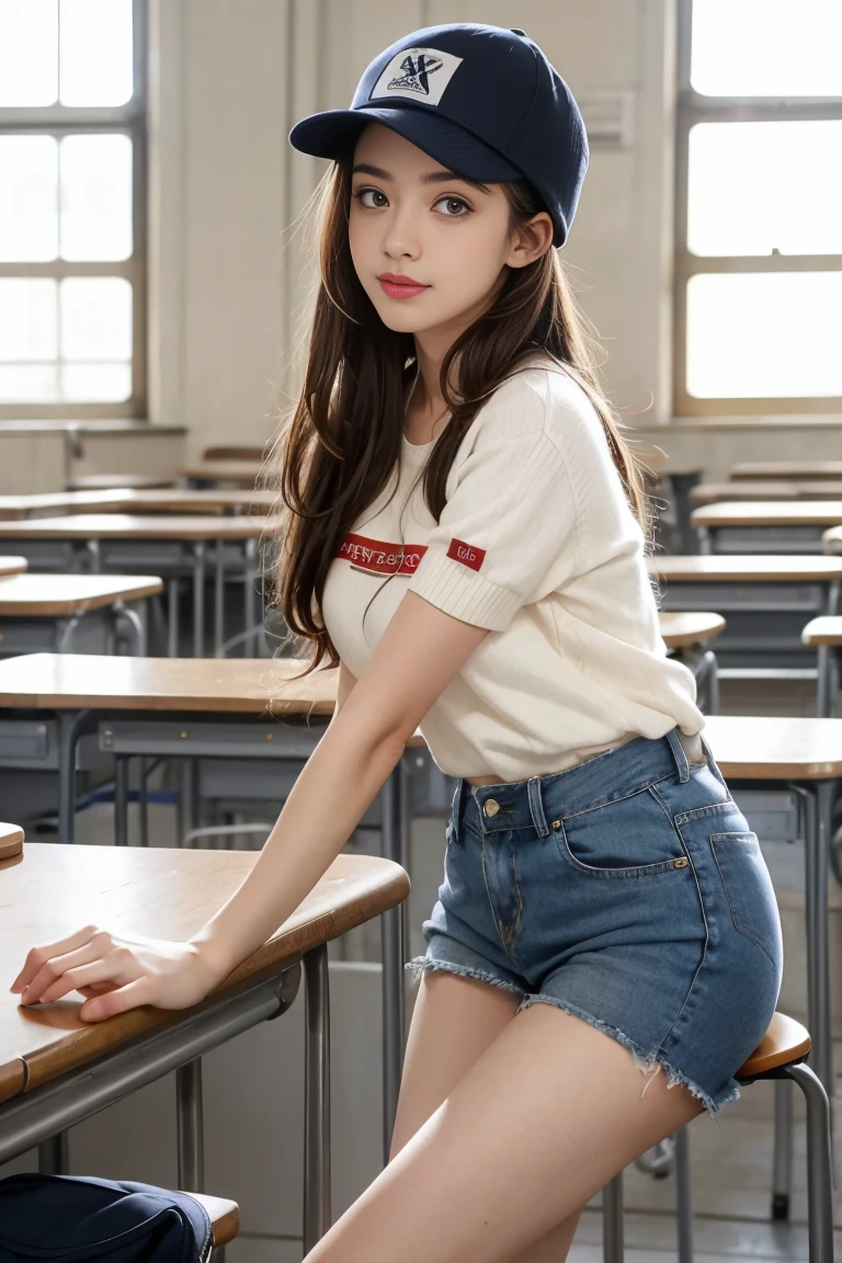 sexe entre deux femme sexy et mince de 18 ans , short sleeve sweater, dans une salle de classe , casquette, ,jambe visible,se touche