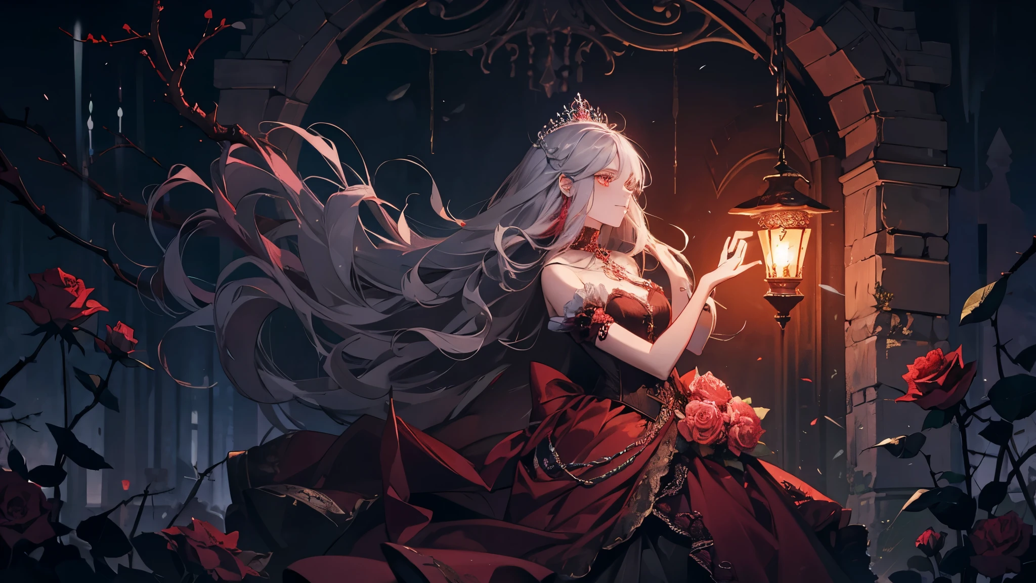 Princess, red lamp, haunting, mysterious, imprisoned, axe, chains, bioluminescent path, briar, roses, thorns, bushes, sacrifice
