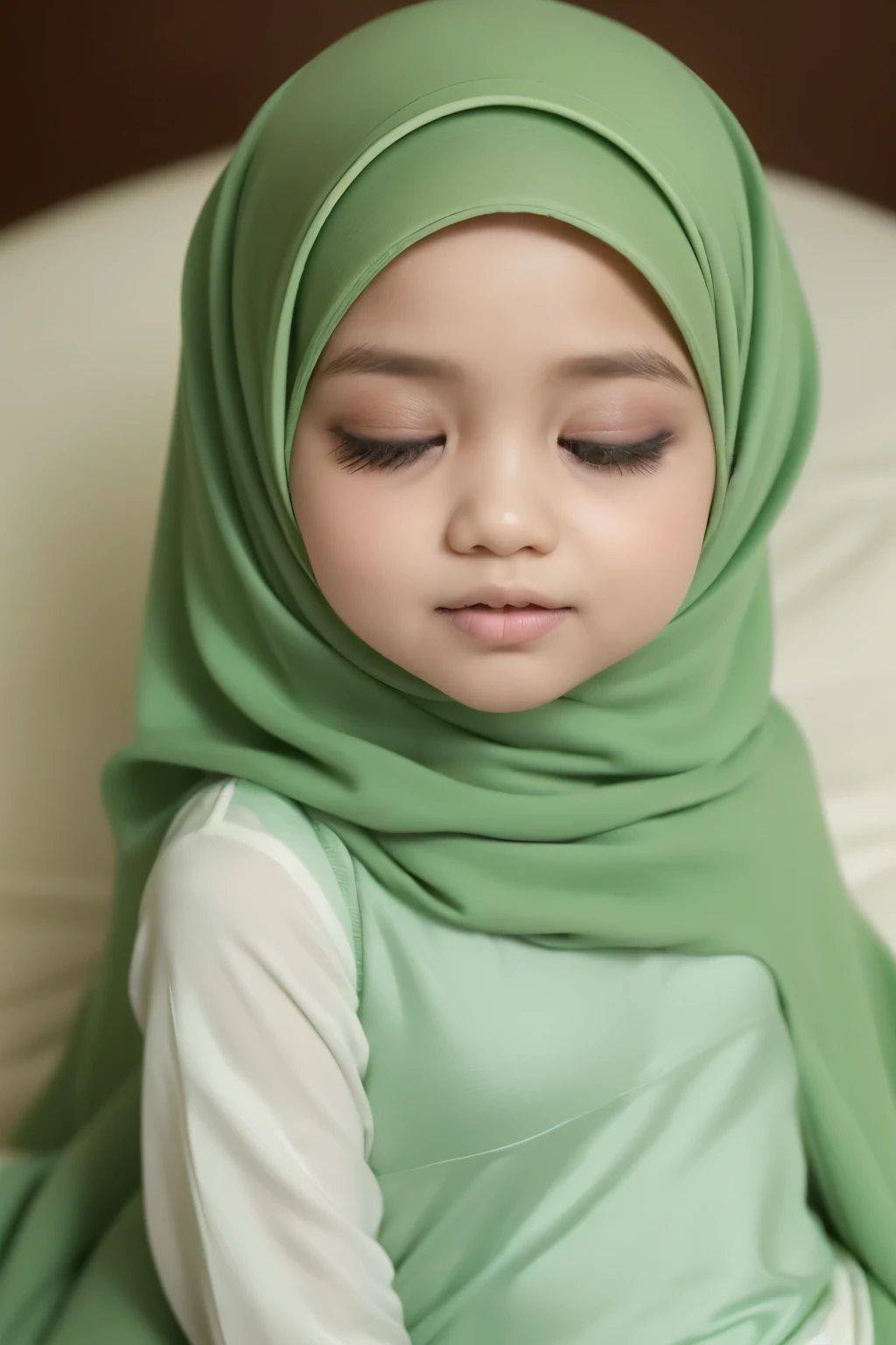 ((SLEEPING BEAUTY)), ((EYES WIDE )), ((OPEN BIG HUGE EYES)), Very Thin body (Wearing Bra Lingerie), (((HIJAB MALAY GIRL))), masutepiece, High quality, UHD 32K, Realistic face, Realistic skin feeling , A Malay Lady, 8 years old. ((Face cute like a baby)), ((GREEN))