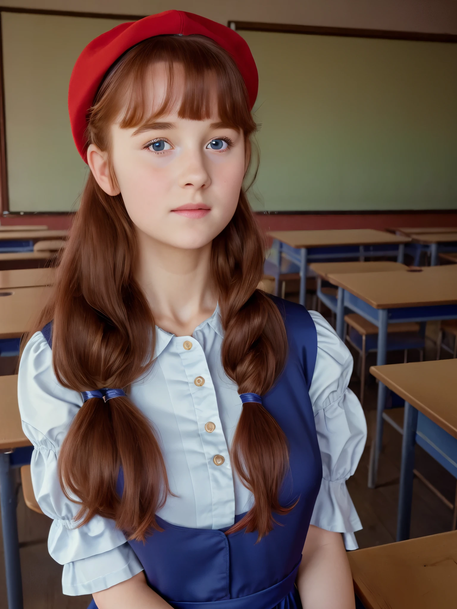 (best quality,4k,8k,highres,masterpiece:1.2),ultra-detailed,(realistic,photorealistic,photo-realistic:1.37), ((mittelalter, classroom, a young school girl, she wears dress, solo, shy)), ((very large bust size for her young age)), she wears beret, she wears no bra, braided red hair, pale skin