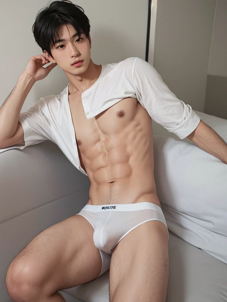 Realistic handsome Japanese guy, 18 years old, with black short hair, wear tight white short boxer-briefs, jockstrap underwear, briefs, white underwear