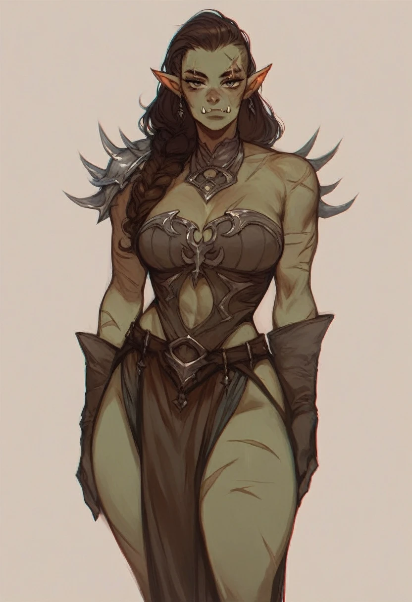 score_9_up,score_8_up,score_7_up,score_6_up,rating_safe,(dark,chiaroscuro,low light, desaturated:1.2),solo,gloves,1girl,female orc,standing, fantasy clothes, facing viewer, large breasts, wide hips, beautiful, cute, scars,
