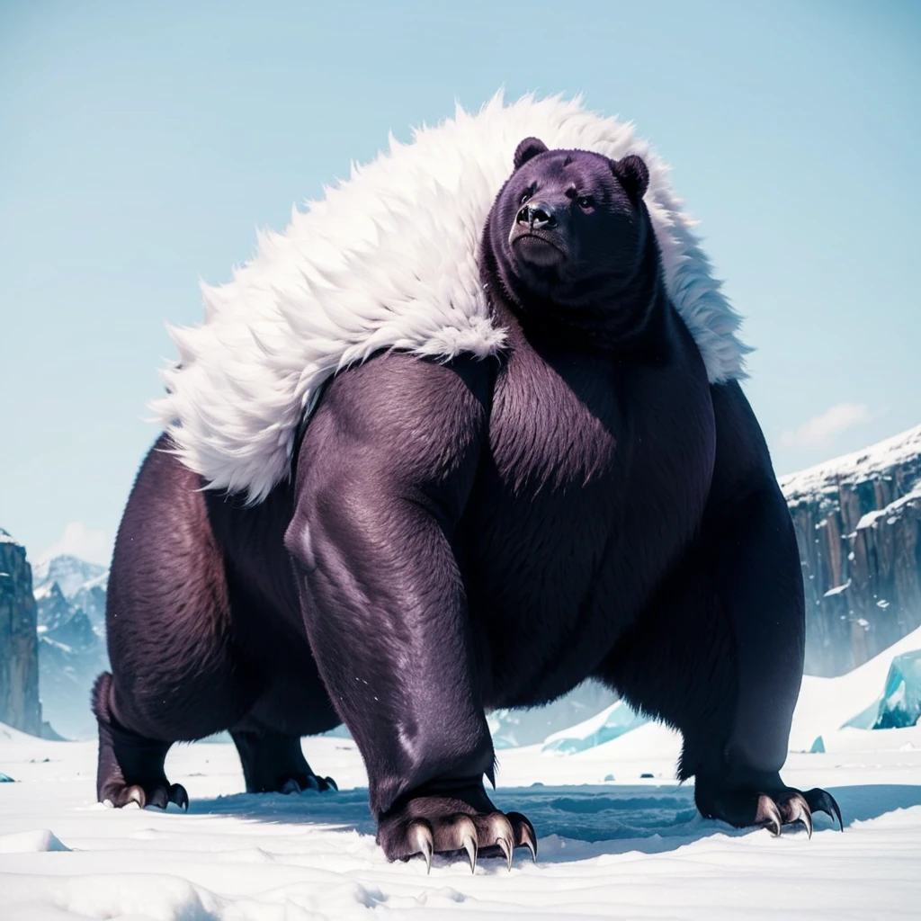 Big Animaly, has purple stripes on his skin, (has long fangs), his body is shaped like a big Bears but his face is like a penguin, Grassroots, Ice background 