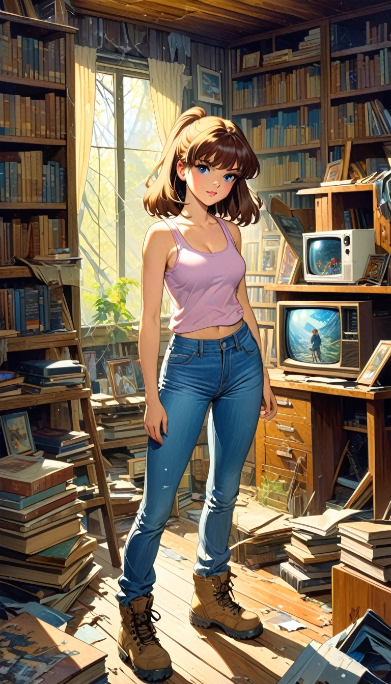 pretty girl, explorer, exploring a large library room in an abandoned house, jeans and tank top, hiking boots, everything old and full of dust and cobwebs, 80s, tv, large library, lots of details,(art inspired in Bill Sienkiewicz). oil painting)
