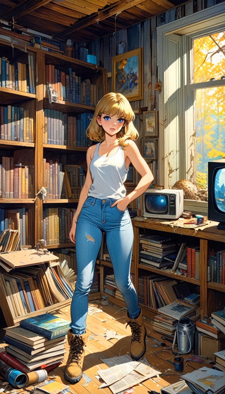 pretty girl, explorer, exploring a large library room in an abandoned house, jeans and tank top, hiking boots, everything old and full of dust and cobwebs, 80s, tv, large library, lots of details,(art inspired in Bill Sienkiewicz). oil painting)