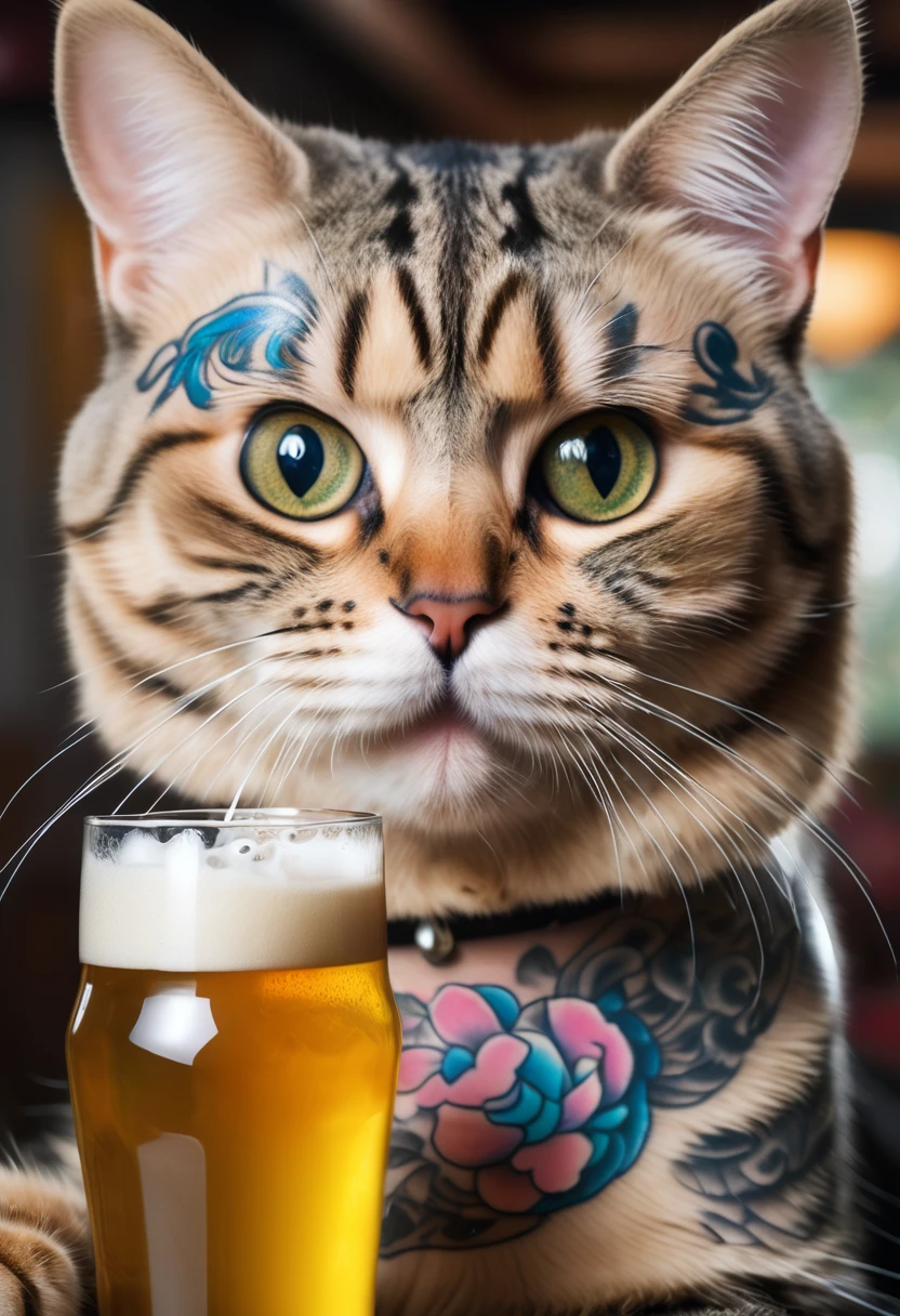 a high quality professional photo of a funny and adorable (cat) wearing mascara, drinking beer, with Yakuza tattoos on its body, humorous, cute, pet photography, realistic, close up, indoor setting, playful, creative concept, high detail, 4k