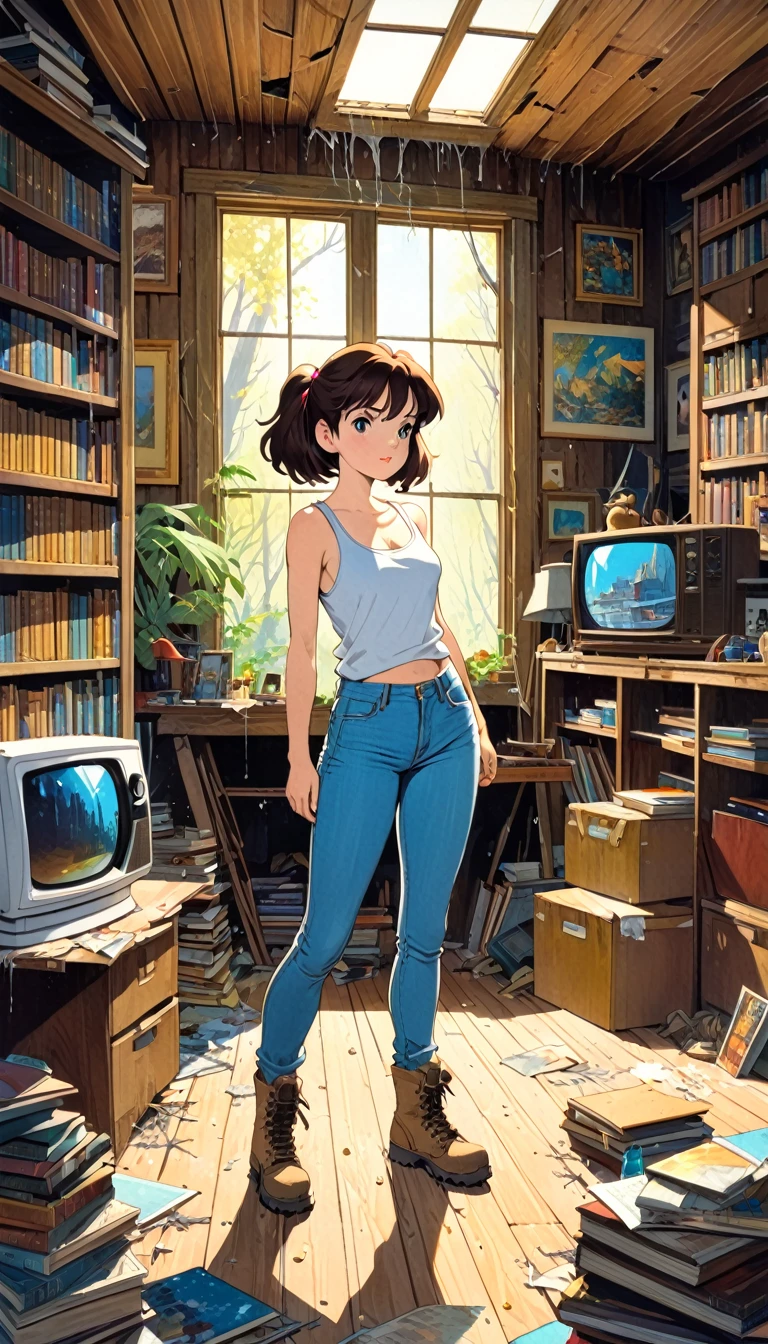 pretty girl, explorer, exploring a large library room in an abandoned house, jeans and tank top, hiking boots, everything old and full of dust and cobwebs, 80s, tv, large library, lots of details,(art inspired in Bill Sienkiewicz, Ghibli colors). oil painting)