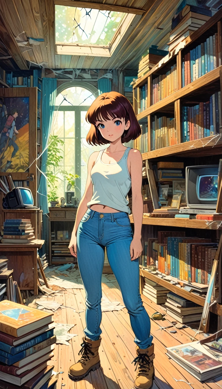 pretty girl, explorer, exploring a large library room in an abandoned house, jeans and tank top, hiking boots, everything old and full of dust and cobwebs, 80s, tv, large library, lots of details,(art inspired in Bill Sienkiewicz, Ghibli colors). oil painting)
