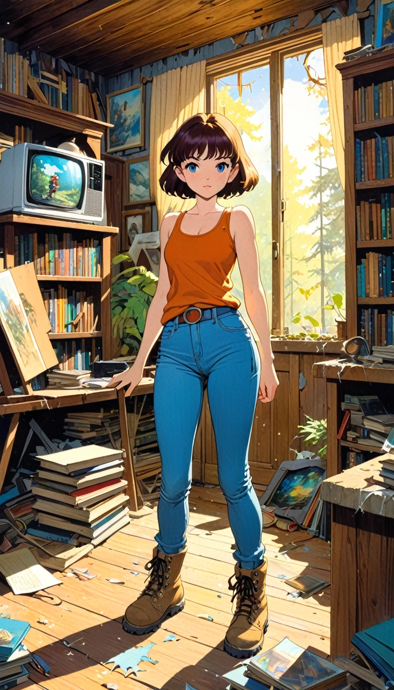 pretty girl, explorer, exploring a large library room in an abandoned house, jeans and tank top, hiking boots, everything old and full of dust and cobwebs, 80s, tv, large library, lots of details,(art inspired in Bill Sienkiewicz, Ghibli colors). oil painting)