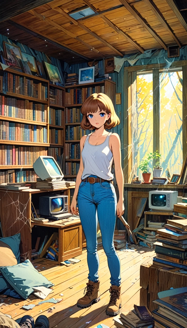 pretty girl, explorer, exploring a large library room in an abandoned house, jeans and tank top, hiking boots, everything old and full of dust and cobwebs, 80s, tv, large library, lots of details,(art inspired in Bill Sienkiewicz, Ghibli colors). oil painting)

