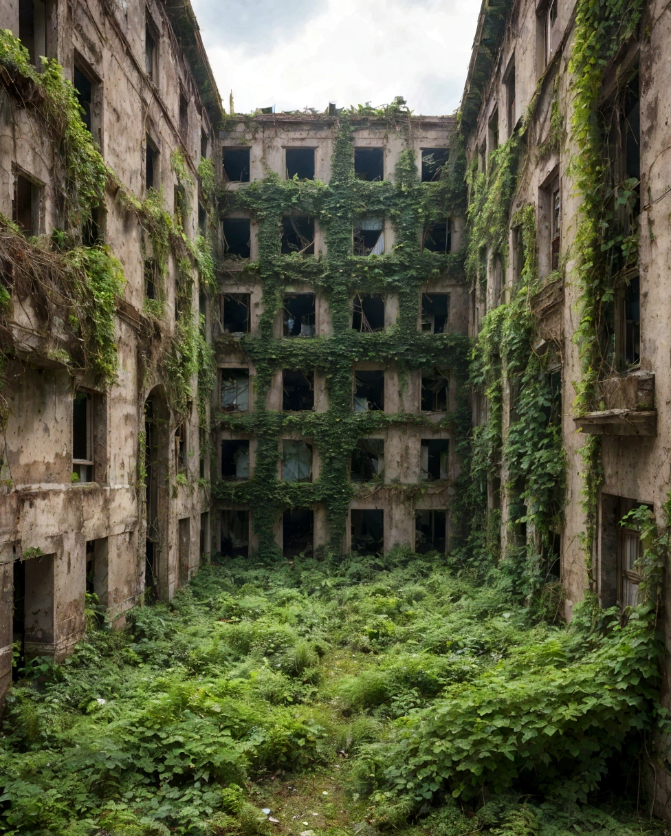 arafed building with a lot of windows and overgrown plants, empty buildings with vegetation, overgrown city, nature taking over, overgrown ruins, surreal abandoned buildings, overgrown environment, abandoned city, overgrown place, overgrown mall, overgrown with vines, an abandonded courtyard, abandoned buildings, overgrown with plants, overgrown with vegetation