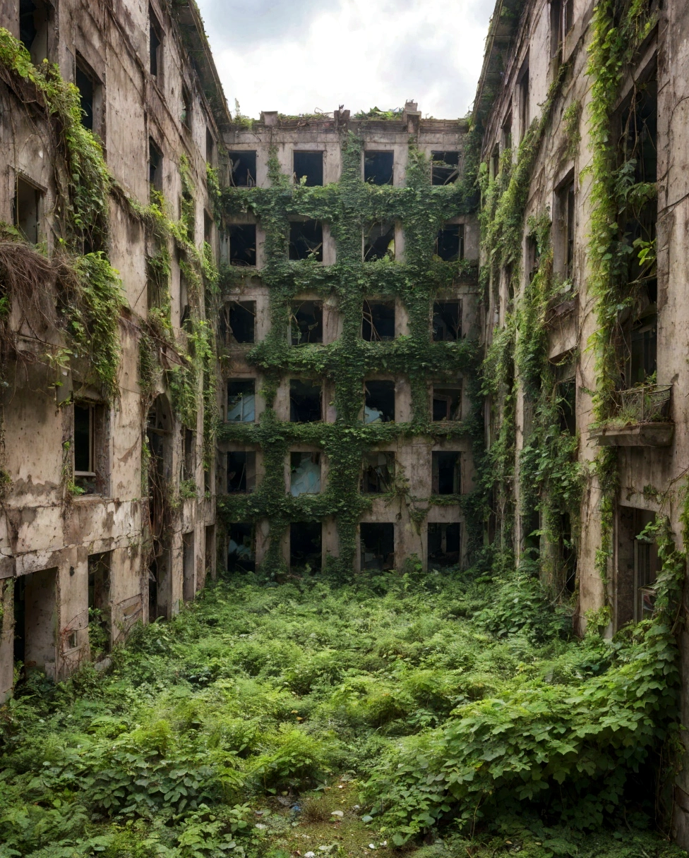 arafed building with a lot of windows and overgrown plants, empty buildings with vegetation, overgrown city, nature taking over, overgrown ruins, surreal abandoned buildings, overgrown environment, abandoned city, overgrown place, overgrown mall, overgrown with vines, an abandonded courtyard, abandoned buildings, overgrown with plants, overgrown with vegetation